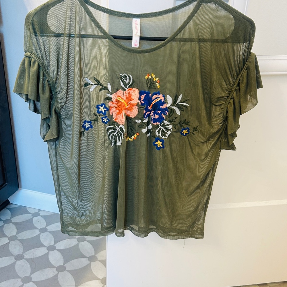Floral Embroidered Mesh Top - Olive Green